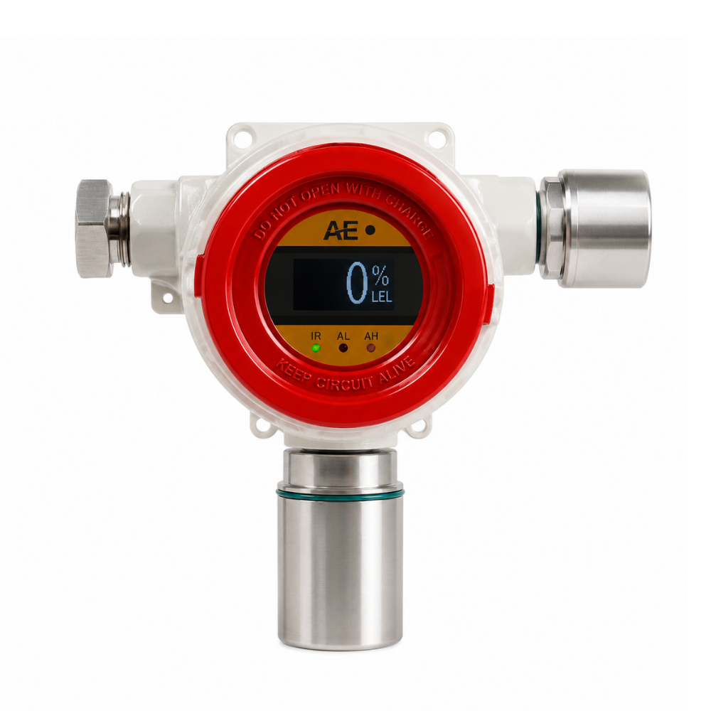 Detector fijo de gases AG310 con carcasa blanca y roja, pantalla digital y sensor metálico